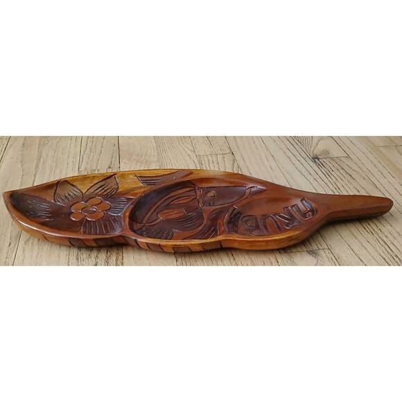 Carved Wooden Inlaid Flowers Aruba Leaf Shaped Dip Serving Tray Platter Dish - Picture 8 of 8